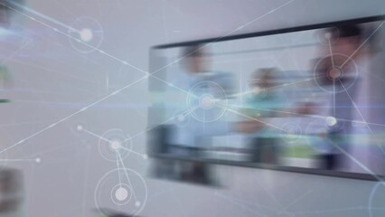 Poster - Animation of connected dots over multiple desktops with businesspeople against white background