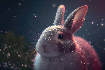 Bunny rabbit in the snowy and shiny bokeh background. Animal and Holiday concept. Generative AI