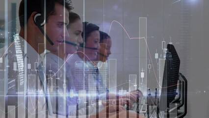 Poster - Animation of financial data processing over diverse business people working in office