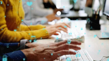 Poster - Animation of network of connections and icons over diverse business people in office