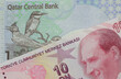 A red Turkish lira paired with a colorful Qatari bank note