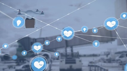 Poster - Animation of network of connections with icons over drone and airport