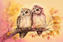 Beautifully Drawn Picture Of Two Cute Owls Holding Hands In A Tree, Set Against A Pink And Yellow Backdrop. Generative AI