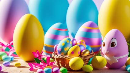 Wall Mural - Close up of Colorful Easter Eggs in Basket with Easter Background AI Generative