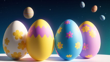 Wall Mural - Close up Four Easter Eggs with Space Background Easter AI Generative