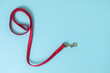 © New Africa - Red leather dog leash on light blue background, top view. Space for text