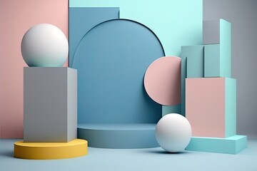 Poster - studio with a podium on the floor and geometric shapes. presentation platforms and mock up backgroun