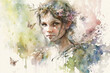 Mischievous fairy flitting through garden in delicate watercolor style with soft pastels and ethereal brushstrokes. Generative AI