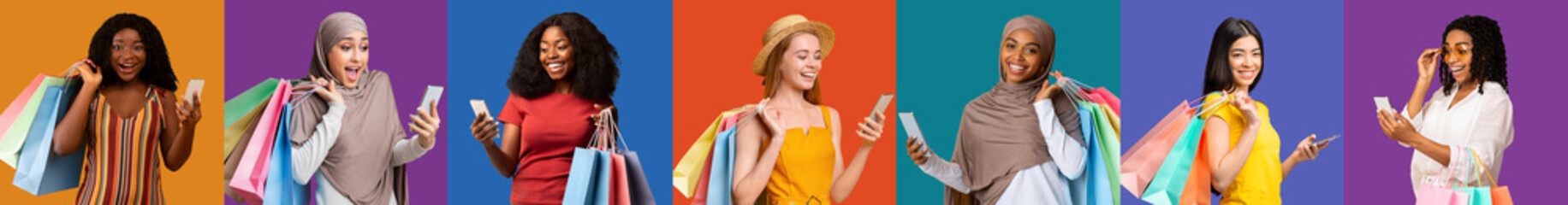 Online Shopping. Cheerful Multiethnic Women Holding Smartphones And Bright Paper Shopper Bags