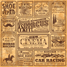 Vintage Newspaper Banners, Old Advertising On Retro Paper, Vector Background. Vintage Newspaper Page With News And Ad Posters Of Circus, Cinema, Tobacco Shop And Barbershop Or Shoe Repair Workshop