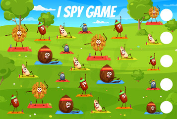 Poster - I spy game cartoon nuts characters on morning yoga fitness. Kid vector riddle with walnut, brazil, coconut, almond or sunflower seed personages exercising on summer meadow. How many nuts children test