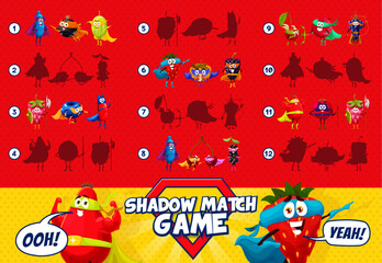 Poster - Shadow match game cartoon superhero and defender berry characters. Vector children logic activity with honeyberry, black currant, gooseberry or raspberry. Cloudberry, blackberry, blueberry or barberry
