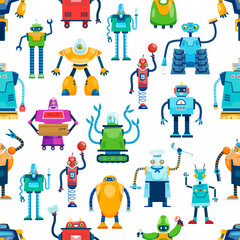 Aufkleber - Cartoon robot characters seamless pattern. Future technologies cute toy and bot vector personages background. Space monster machines, artificial intelligence androids, humanoid cyborgs and droids