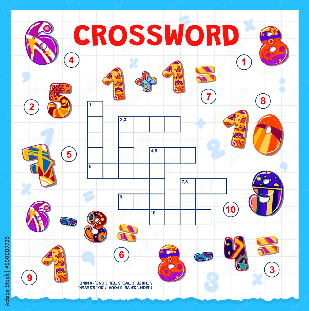 Cartoon math numbers and digits crossword grid to find word vector
