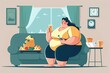 Overweight woman watching TV and eating junk food. Generative Ai