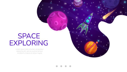 Poster - Landing page space, cartoon galaxy space planets and rocket. Business project startup or company launch landing page with fantasy universe, rocketship, stars and asteroid background, web technologies