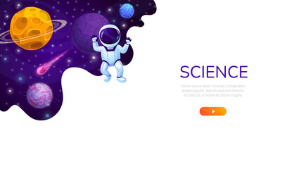 Poster - Landing page space. Cartoon galaxy planets and astronaut in outer space vector website background of business startup landing page. Project or product launch web page template with fantasy universe