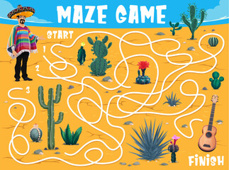 Aufkleber - Labyrinth maze in mexican desert. Help the mariachi musician find his guitar kids quiz or riddle. Children puzzle vector worksheet with finding way task, mexican man in poncho and sombrero, cactuses