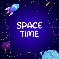 Poster - Cartoon space background with rocket and stars. Vector fantasy planets of alien universe galaxy, spaceship, falling stars and asteroids border frame with copy space. Astronomy science or space travel