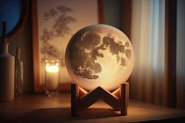 Wall Mural - moon nightlight on a wooden stand. generative ai
