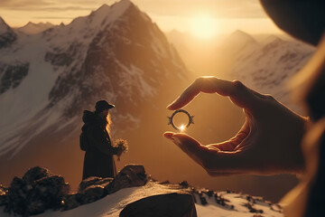 A magical marriage proposal at a beautiful cinematic location, amazing scene from the movies, man and woman at sunset, fantasy, mountain views