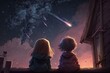 Two cute children sit on the roof and look at the stars. Boy and girl make a wish by seeing a shooting star. Generative AI