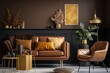 © AkuAku - Minimal interior design of living room with brown leather couch, retro armchair coffee table and golden decorations, real photo. Generative AI
