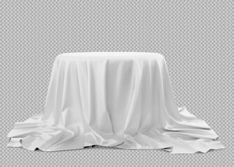 Realistic 3d round white product podium display covered fabric drapery folds isolated on transparent background. Vector illustration