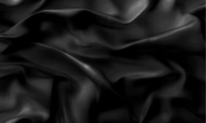 Black silk draped fabric background with . Luxurious folded textile decoration element for poster, banner or cover design. Realistic 3d vector illustration
