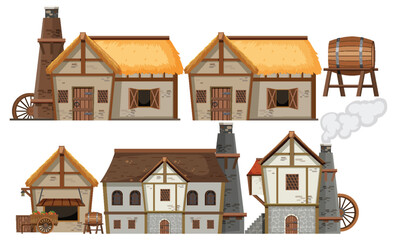 Wall Mural - set of medieval house and object cartoon