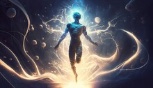 4K Resolution Or Higher, Man Jumps Into The Universe. Generative AI Technology