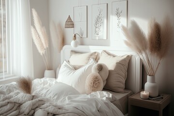 Wall Mural - Scandinavian and Bohemian styled white bedroom with little decoration. bouquets made of pampas grass. Generative AI