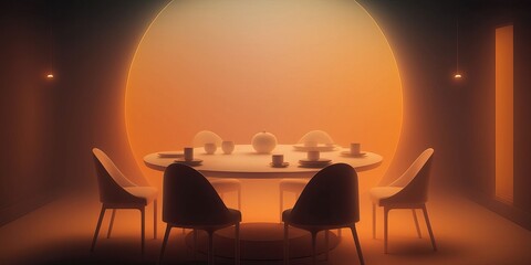 Wall Mural - 4K resolution or higher, early morning fog Beautiful spring Elegant dining room interior composition. Generative AI Technology