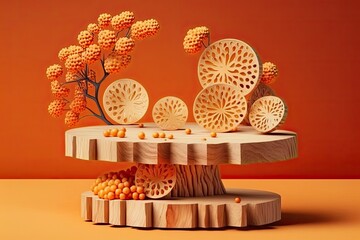 Wall Mural - platform made of wood slices with an orange backdrop and rowan berries in the fall. Product exhibition, sale marketing, presentation, and cosmetics for beauty. An empty wooden stand. Generative AI