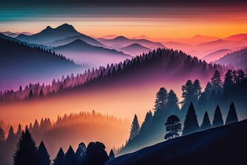 Canvas Print - colored sunrise on a mountain slope covered in trees and fog. Generative AI