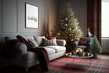 Poster - Christmas living room interior in studio apartment. Large decorated Christmas tree, sofa, plaid, gift boxes, fluffy carpet, light garlands. Generative AI