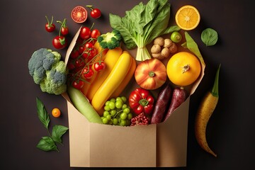 Wall Mural - Healthy food delivery or shopping concept, top down view of several fresh fruits and vegetables in a paper bag, and composition with space for a text. Generative AI