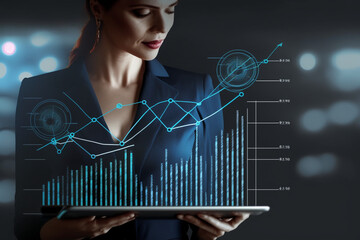 Poster - Businesswoman drawing growth graph and progress of business and analyzing financial, investment data, business planning, and strategy on a blue background, Generative AI	
