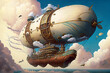 Fantasy airship that shows a majestic airship soaring through the clouds, with intricate designs, sails, and propellers. Generative ai illustration