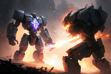 Two giant robots battling it out in a futuristic arena, with intense action and explosive effects. Generative ai concept art