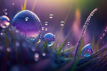 Poster - Beautiful, huge morning dew drops in springtime scenery, focused. drops of clear water macro on grass. Vibrant, purple and blue tonal image. Generative AI