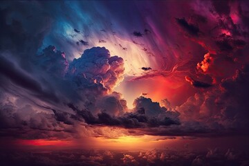 Beautiful stormy sunset sky. Cloudy abstract background. Sunset colors. Generative AI