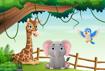 Wall Mural - Cartoon wild animals in the jungle