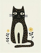 Black White Cat Sitting Next Flower Colorful Day Dots Scandinavian Yellow Navy Teal Gold Round Face Earth Tones Soft Color Big Pisces, Generative Ai