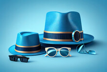 Fathers Day Concept With Hat, Glasses And Tie On Blue Background. Generative Ai