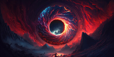 Wall Mural - Interdimensional portal rift aurora opening in space over rugged winter landscape, bright red cloudy fire vortex swirl, anti-matter implosion, 4th dimension travel, universe gateway - generative AI.