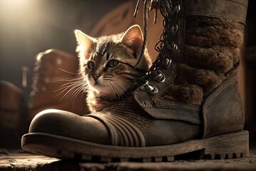 Sticker - Up close Cute tabby kitty with sunlight in a boot. Generative AI