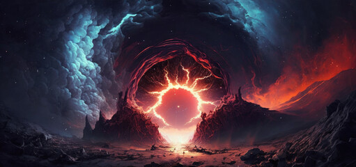 Wall Mural - Interdimensional portal rift aurora opening in space over rugged winter landscape, bright red cloudy fire vortex swirl, anti-matter implosion, 4th dimension travel, universe gateway - generative AI.