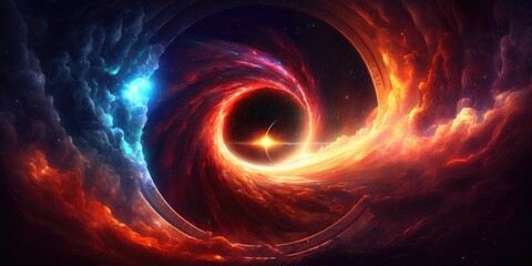 Wall Mural - Interdimensional portal rift aurora opening in space over rugged winter landscape, bright red cloudy fire vortex swirl, anti-matter implosion, 4th dimension travel, universe gateway - generative AI.