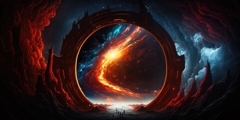 interdimensional portal rift aurora opening in space over rugged winter landscape, bright red cloudy